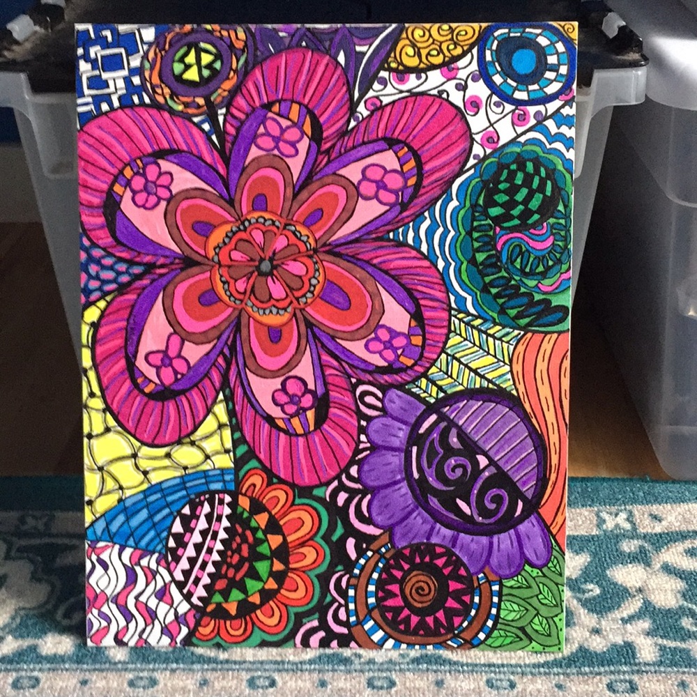 Flower power  acrylic pen art canvas 11x14 💕